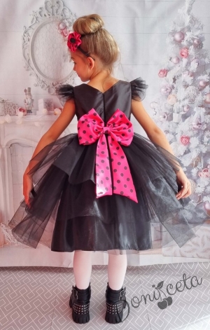 Официална детска рокля с къс ръкав с тюл в черно с панделка 288ПРЦЧТ