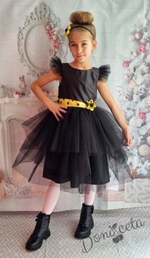 Официална детска рокля с къс ръкав с тюл в черно с панделка в жълто 288ПРЖЧТ