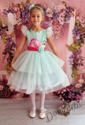 Официална детска рокля с къс ръкав на цветя в тюркоаз/мента с тюл 288РЦРРТ