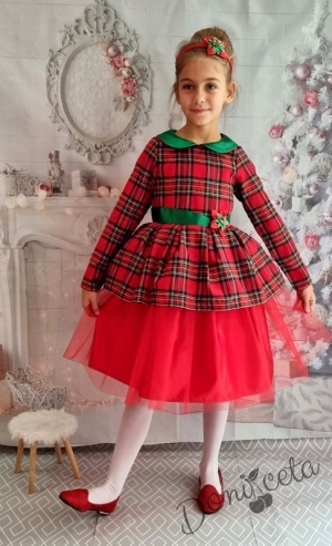 Официална детска рокля с дълъг ръкав каре с тюл в червено и коланче 281ШКЧТДР
