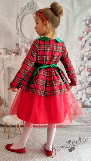 Официална детска рокля с дълъг ръкав каре с тюл в червено и коланче 281ШКЧТДР