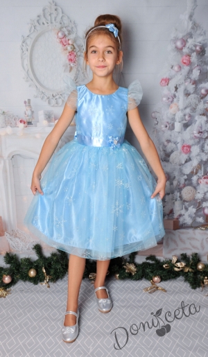 Официална детска рокля с къс ръкав в светлосиньо със снежинки и тюл 299СС