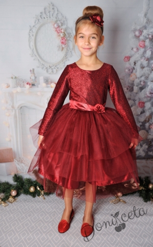 Официална детска рокля с дълъг ръкав в бордо с блясък и тюл 288ВХДР