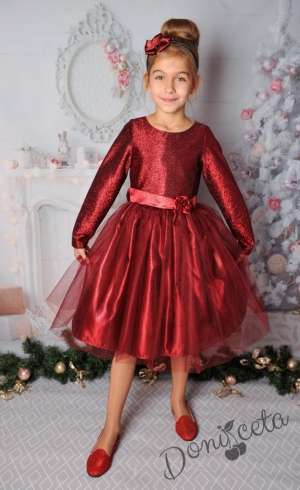 Официална детска рокля с дълъг ръкав в бордо с тюл и блясък 278ВХДР