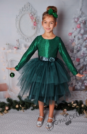Официална детска рокля с дълъг ръкав в зелено с блясък и тюл 288ЗХДР