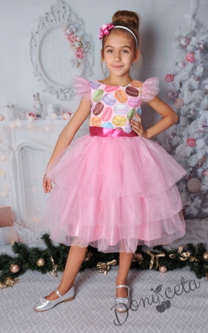 Официална детска рокля с къс ръкав с тюл в розово с голяма панделка 288-255М