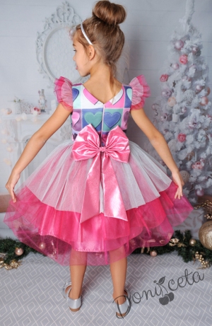 Официална детска рокля с къс ръкав със сърца и тюл в циклама 288-255С