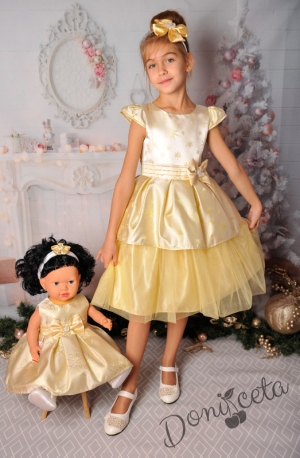 Официална детска рокля с къс ръкав в златисто с тюл и коланче 281ЗЗ