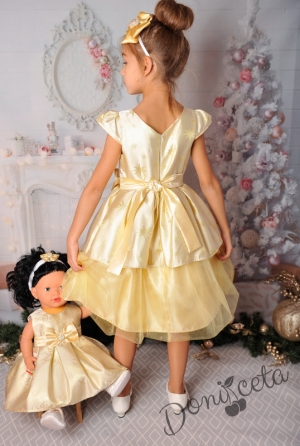 Официална детска рокля с къс ръкав в златисто с тюл и коланче 281ЗЗ
