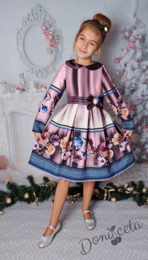 Официална детска рокля с дълъг ръкав в лилаво с цветя 290ББДР
