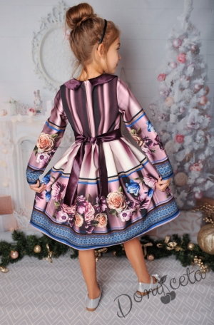 Официална детска рокля с дълъг ръкав в лилаво с цветя 290ББДР