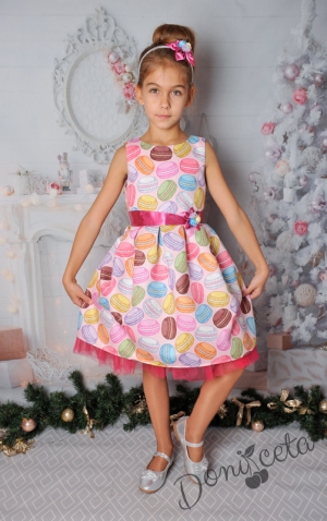 Официална детска рокля с къс ръкав в розово с коланче 297-255М
