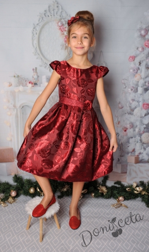 Официална детска рокля с къс ръкав на цветя в бордо 223ВЖВХ