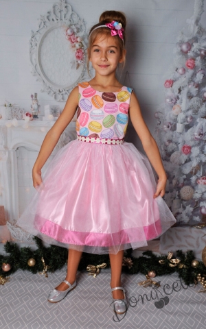 Официална детска рокля с без ръкав в розово с коланче и тюл 255МТ