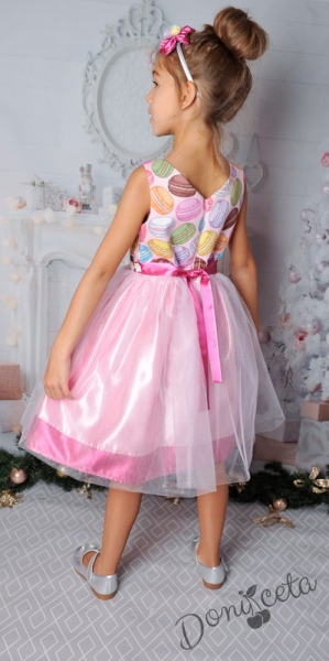 Официална детска рокля с без ръкав в розово с коланче и тюл 255МТ