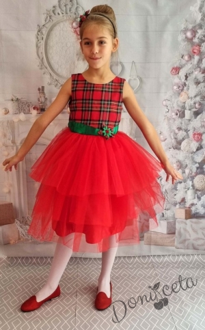 Официална детска рокля без ръкав каре с тюл в червено 281ЗЗ
