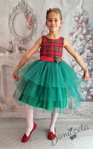 Официална детска рокля без ръкав каре с тюл в зелено 288ШКЗТ
