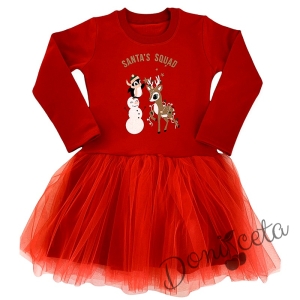 Ватирана коледна детска рокля с тюл в червено с еленче