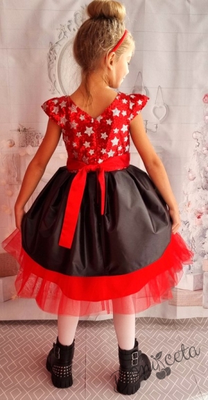 Официална детска рокля с къс ръкав в червено със звезди и тюл  379ЧЗПР