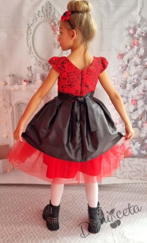 Официална детска рокля с къс ръкав в червено и черно с тюл 379ЧДПР2