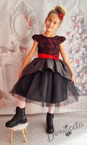 Официална детска рокля с къс ръкав в черно с цветя и тюл 379ЧДПР1