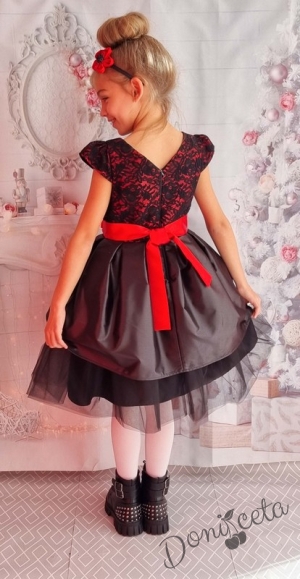 Официална детска рокля с къс ръкав в черно с цветя и тюл 379ЧДПР1