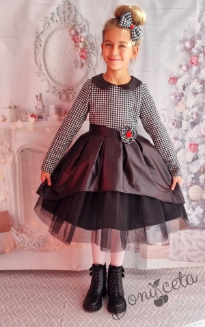 Официална детска рокля пепит с дълъг ръкав ръкав в черно и коланче 379ЧППРДР