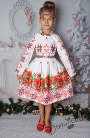 Детска рокля за момиче тип народна носия с дълъг ръкав и фолклорни мотиви  НН4М