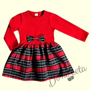 Официална или ежедневна детска рокля с дълъг ръкав в червено с каре  