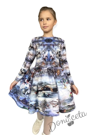 Детска рокля с дълъг ръкав със зимна картинка