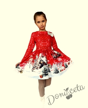 Детска рокля с дълъг ръкав в червено със сняг