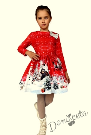 Детска рокля с дълъг ръкав в червено със сняг