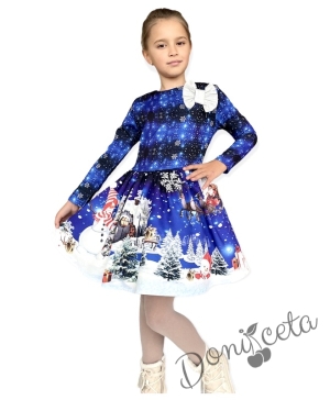 Детска рокля с дълъг ръкав в синьо със сняг
