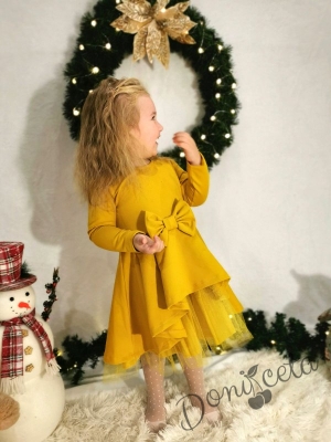 Детска рокля с дълъг ръкав с тюл в горчица