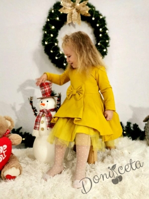 Детска рокля с дълъг ръкав с тюл в горчица