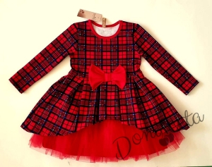 Официална бебешка/детска рокля в каре с дълъг ръкав и тюл в червено