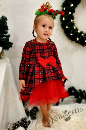 Официална бебешка/детска рокля в каре с дълъг ръкав и тюл в червено