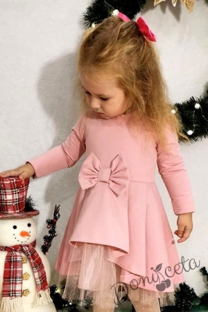 Детска рокля с дълъг ръкав в розово с тюл