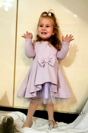 Детска рокля с дълъг ръкав в лилаво с тюл 