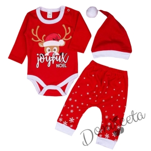 Коледен бебешки боди с еленче в червено,пантаонки и шапка 9576676