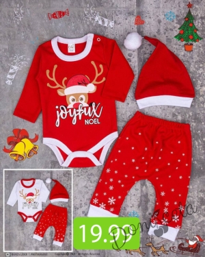 Коледен бебешки боди с еленче в червено,пантаонки и шапка 9576676