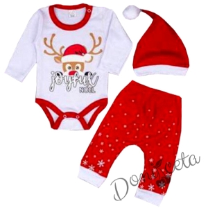 Коледен бебешки боди с еленче в бяло,пантаонки и шапка 9532476