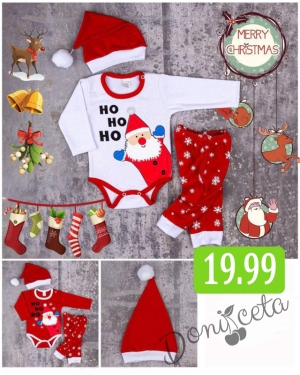 Коледен бебешки боди с Дядо Коледа в бяло,пантаонки и шапка 9547565