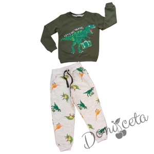 Комплект за момче от блуза с динозавър и панталонки в бяло