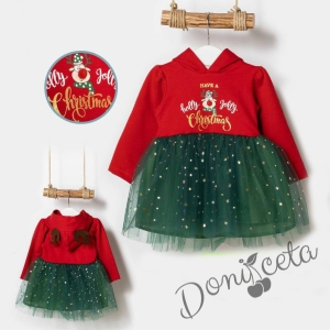 Коледна детска рокля в червено с тюл в зелено и качулка