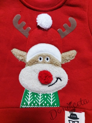 Коледен комплект с елен от блузка в червено и панталонки в сиво