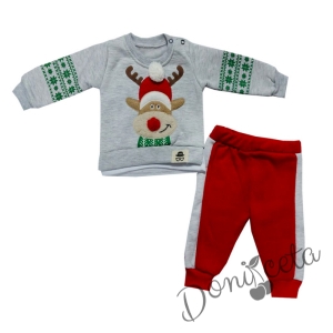 Коледен комплект с елен от блузка в сиво и панталонки в червено