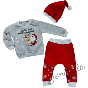 Коледен комплект с Дядо Коледа от блузка в сиво и панталонки и шапка