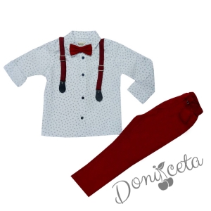 Комплект от панталон в червено, риза с дълъг ръкав, тиранти и папийонка 977752