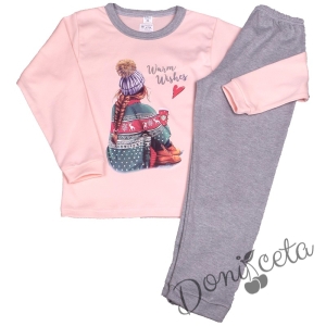 Детска пижама за момиче с дълъг ръкав в розово и панталон в сиво 9446411